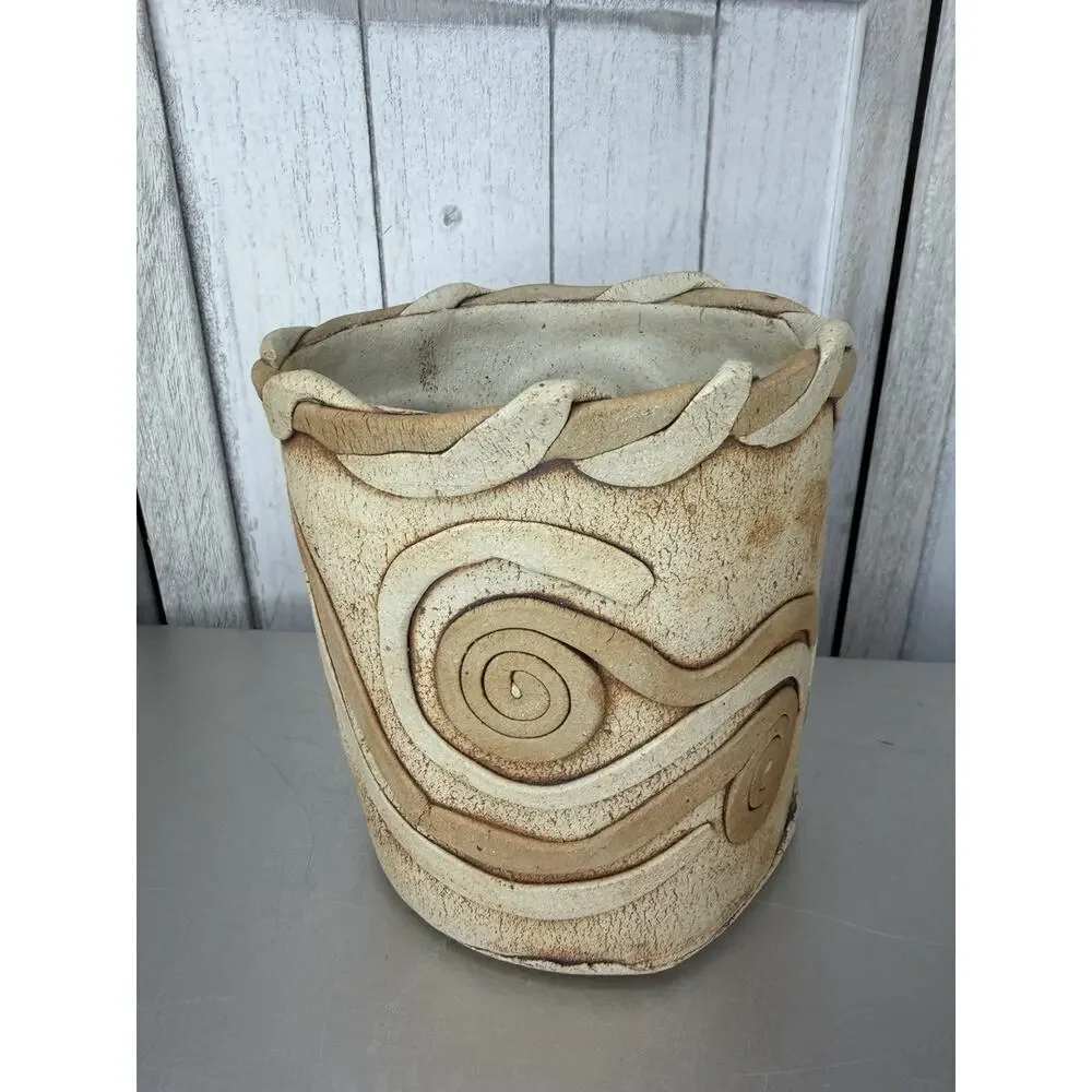 Vintage Signed Art Pottery Coil Vase Artist Swirl Brown Handmade Unique